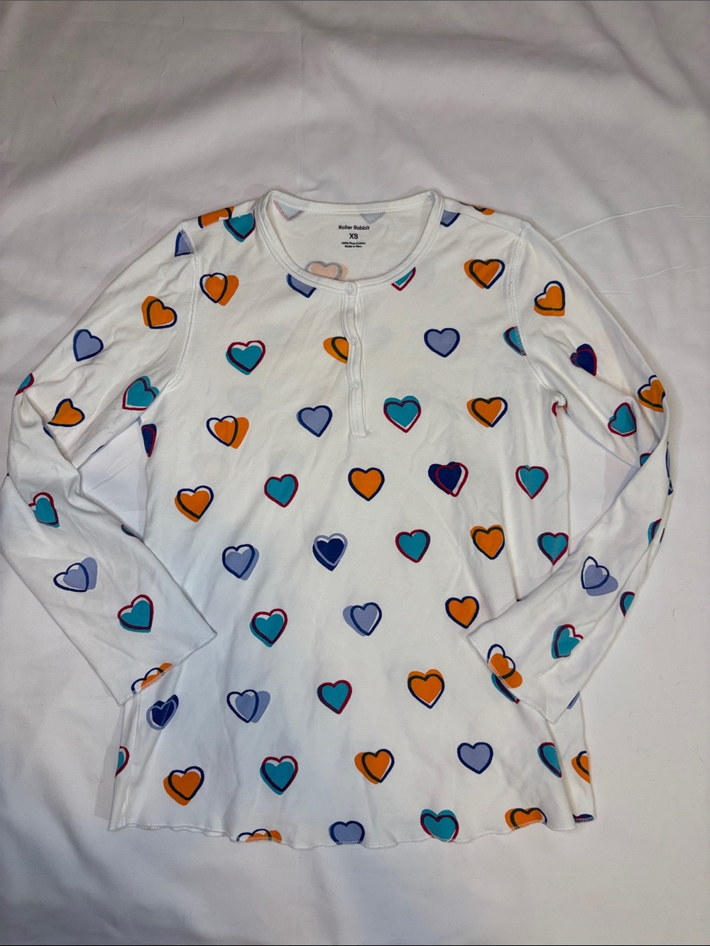 Roller Rabbit XS Big Hearts Pajama Top Henley Snap Long Sleeve 100% Pima Cotton